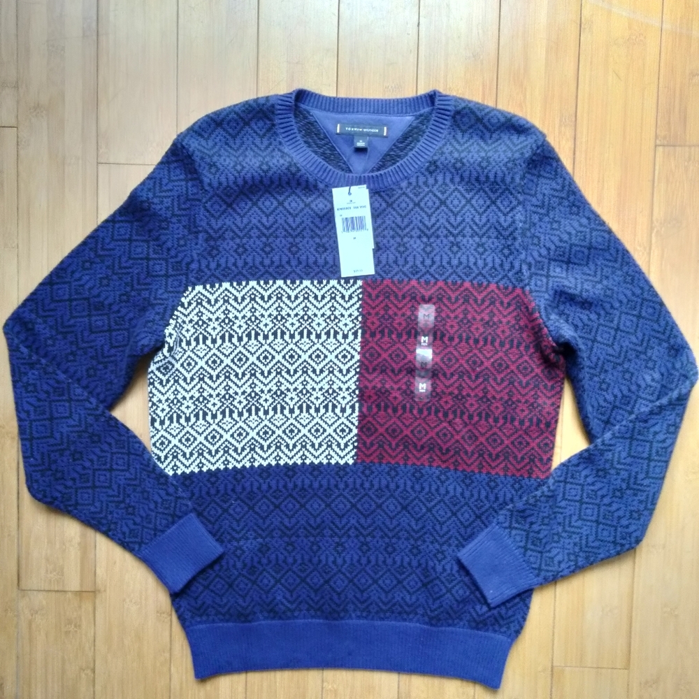 Tommy Hilfiger NWT Fair Isle Flag Knit Crew Neck Cotton Sweater Mens Size Medium